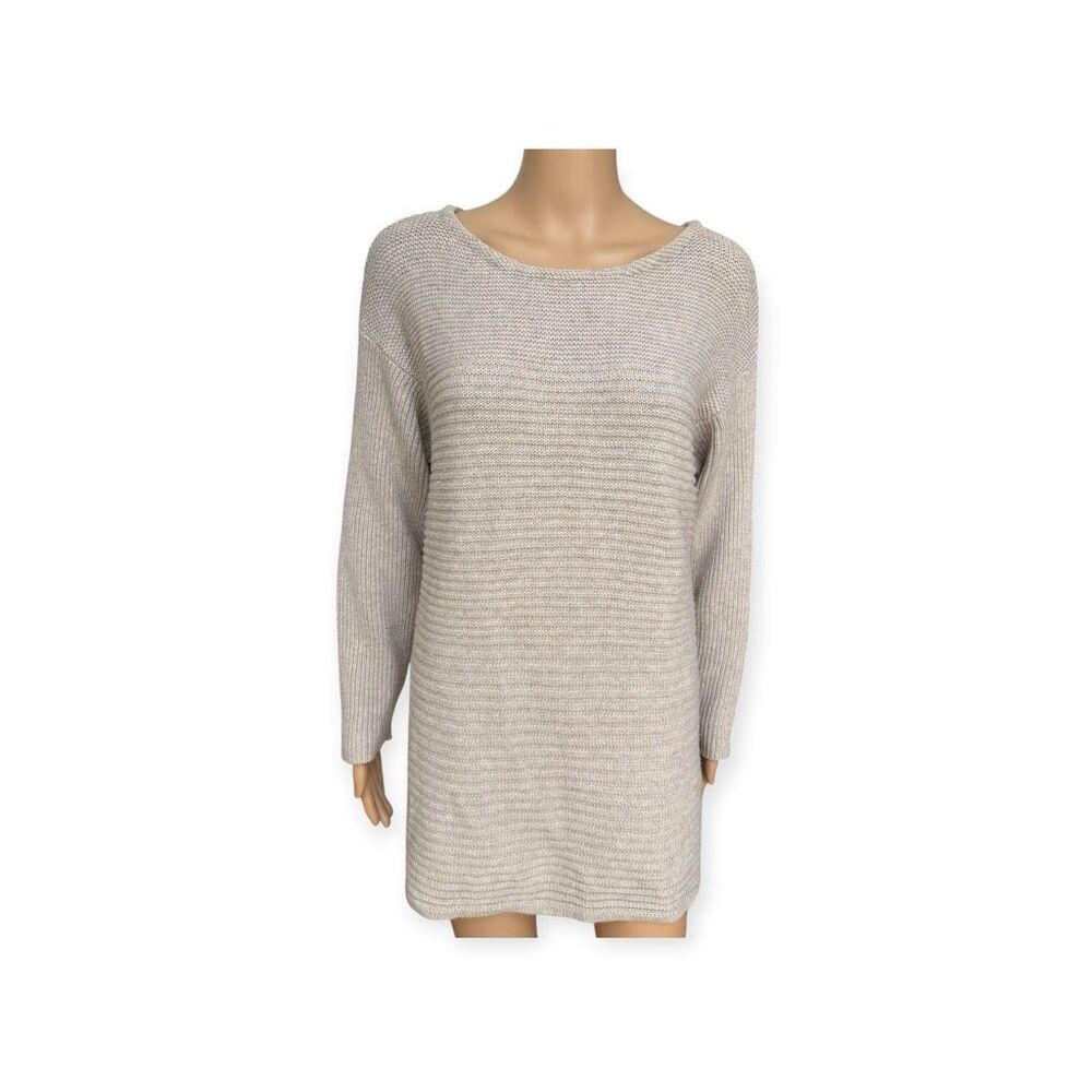 J.Jill Petite L Beige Oatmeal Cotton Wool Silk Blend Textured Knit Tunic Sweater